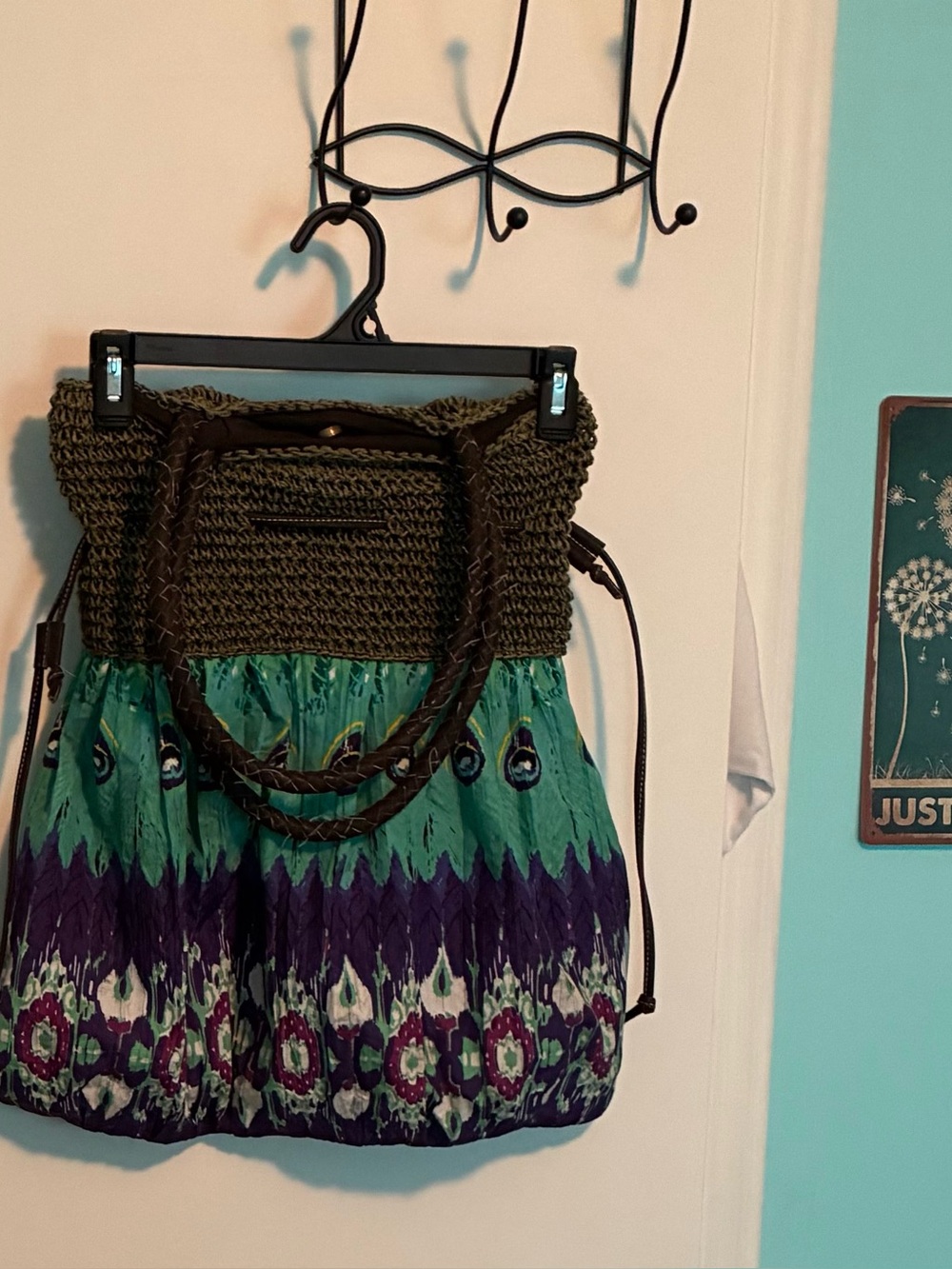 SOLD
Boho Pleated Peacock Print purse / bag in Teal and Purple